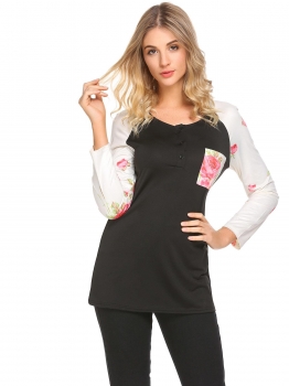 

Black Women O-Neck Long Sleeve Button Floral Patchwork Slim Fit Pocket T-Shirt Top, Multicolor