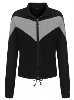 

Gray Women Batwing Sleeve Zip Up Drawstring Patchwork Short Casual Sports Jacket, Multicolor