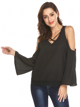 

Black Women V-Neck Cold Shoulder Flare Sleeve Casual Loose Chiffon Blouse Top, Multicolor