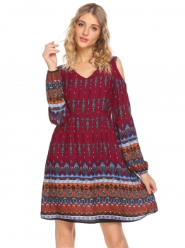 

Red Boho V-Neck Cold Shoulder Long Sleeve Print Casual Dress, Multicolor