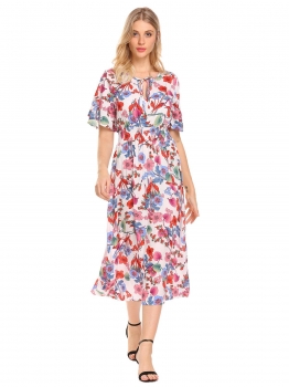 

Pattern 1 Women Vintage Style Beach V-Neck Short Sleeve Printed Floral Dress, Multicolor