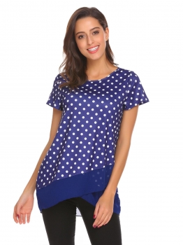 

Royal Blue Women Layered O-Neck Short Sleeve Polka Dot Mesh Patchwork T-Shirt, Multicolor