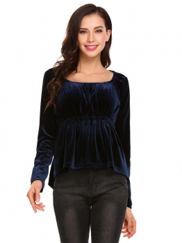 

Navy blue Women Casual Boat Neck Long Sleeve Solid A-Line and Asymmetrical Hem Velvet Sexy Blouse, Multicolor