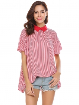 

Pink Women Casual Turn-down Collar Ruffle Short Sleeve Striped T-shirt Tops, Multicolor