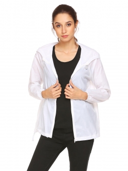

White Women Lightweight Outdoor Anti UV Quick Dry Thin Skin Zip Up Solid Hooded Jacket, Multicolor