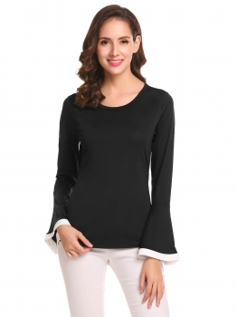 

Black Women O-Neck Bell Sleeve Patchwork Slim Fit Casual T-Shirt Top, Multicolor