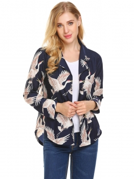 

Navy blue Women Lapel Long Sleeve Print Asymmetrical Casual Loose Fit Button Down Shirt, Multicolor