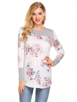 

White Women Round Neck Long Sleeve Floral Casual T-Shirt Blouse Tops, Multicolor