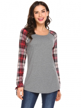 

Grey Women Round Neck Lace Up Raglan Long Sleeve Plaids Patchwork Blouse Tops, Multicolor