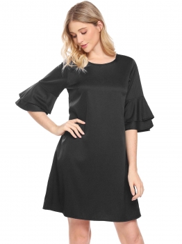

Black Layered Flare Sleeve Lace Up V-Back Solid Loose Fit Casual Dress, Multicolor