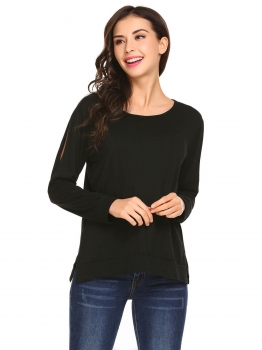

Black Women Fashion Loose O-Neck Long Sleeve Solid T-Shirt, Multicolor