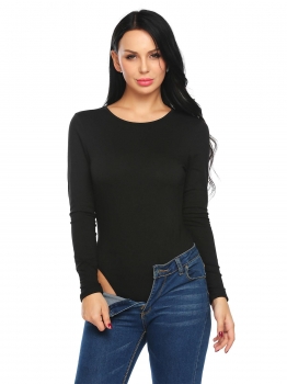 

Black Women Sexy O-Neck Long Sleeve Solid Open Crotch Slim Fit Bodysuit, Multicolor