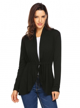

Black Women Long Sleeve Drawstring Lace Up Solid Curved Hem Casual Cardigan, Multicolor