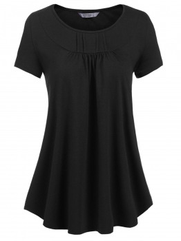 

Black Women Fashion Pleated O-Neck Short Sleeve Solid Loose T-Shirt, Multicolor