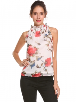

White Women Floral Print Sleeveless Lace Up Strap Ruched Ruffles Chiffon Tank Top, Multicolor