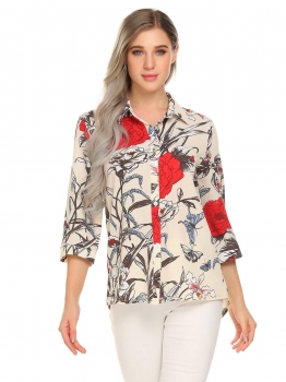 

White Women Casual Shirt Collar 3"4 Sleeve Floral Button, Multicolor