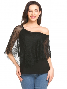 

Black Women One Shoulder Casual Loose Fit Patchwork Lace Poncho Chiffon Blouse, Multicolor
