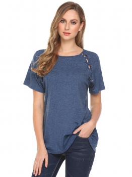 

Blue Women O-Neck Criss Cross Short Sleeve Solid Casual Loose T-Shirt Tops, Multicolor