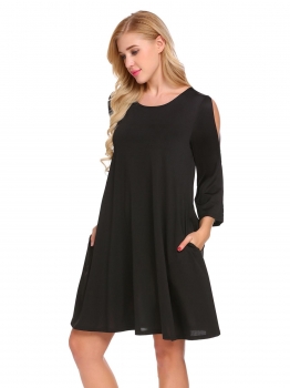 

Black Women Casual O-Neck Flare Sleeve Cold Shoulder Solid A-Line Loose Dress, Multicolor