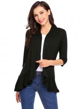 

Black Women Casual 3"4 Sleeve Solid Ruffled Cardigan, Multicolor