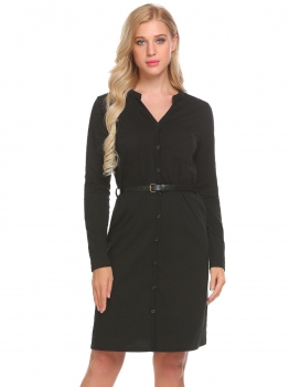 

Black Women Fashion V-Neck Long Sleeve Solid Loose Cardigan Dress with Belt, Multicolor