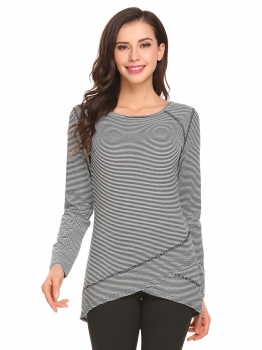 

Black Women Fashion Slim O-Neck Long Sleeve Striped Stitching Sweater, Multicolor