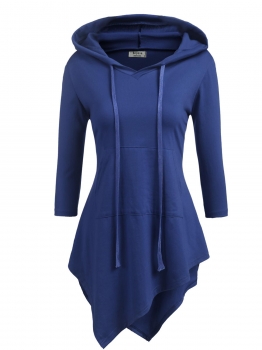 

Blue Women Hooded V-Neck 3"4 Sleeve Solid Irregular Slim Fit Thin Hoodie with Pocket, Multicolor
