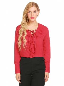 

Red Women V-Neck Ruffles Décor Long Sleeve Loose Fit Casual Blouse Top, Multicolor