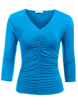 

Blue Women Fashion Ruched V-Neck Long Sleeve Solid Slim T-Shirt, Multicolor