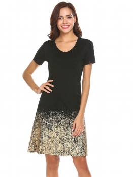 

Black V-Neck Short Sleeve Gold Foil Slim Fit Casual A-Line Dress, Multicolor