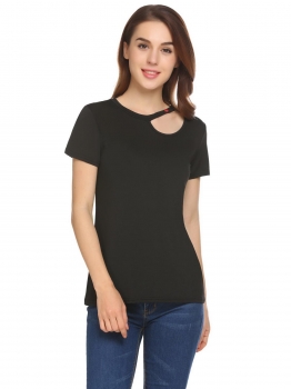 

Black Women Casual O-Neck Short Sleeve Hollow Out T-shirt Tops, Multicolor
