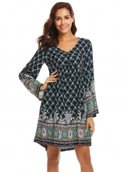 

Blue Vintage Women's Bohemian Printed Ethnic Style Loose Casual Tunic Dress, Multicolor