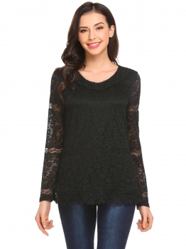 

Black Women Casual V Neck Long Sleeve Lace Floral Loose Blouse Tops, Multicolor