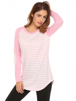 

Pink Women Round Neck Raglan Long Sleeve Striped Casual T-Shirt, Multicolor