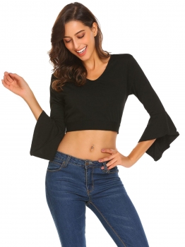 

Black Women V-Neck 3"4 Flare Sleeve Back Lace Up Solid Slim Fit Crop Top, Multicolor