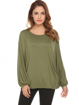 

Olive Green Women Casual O-Neck Long Batwing Sleeve Regular Fit Loose Solid Sexy Blouse T-shirt Tops, Multicolor