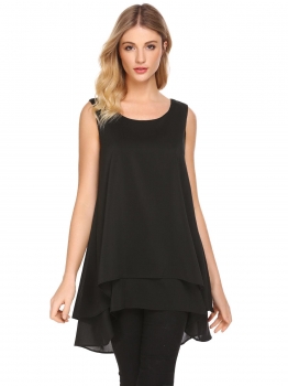 

Black Women Casual O-Neck Sleeveless Solid A-Line Multi-layers Hem Sexy Chiffon Tops Vest, Multicolor