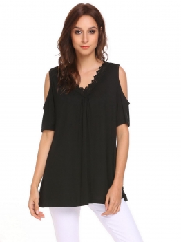 

Black Women Casual V-Neck Short Sleeve Lace Patchwork Cold the Shoulder Sexy T-shirt Tops, Multicolor