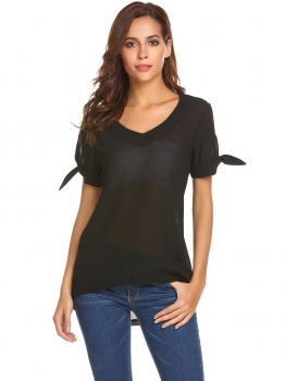 

Black Women Casual V-Neck Lace Up Short Sleeve Solid Asymmetrical Hem Sexy T-shirt Tops, Multicolor