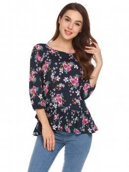 

Navy blue Women O-Neck 3"4 Sleeve Asymmetrical Hem Floral Blouse T-shirt Tops, Multicolor