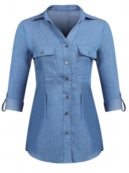 

Light blue Women Casual Turn Down Collar Long Sleeve Solid Denim Shirt Blouse, Multicolor