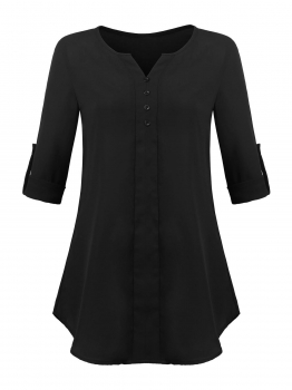 

Black Women Casual Half Button Up V Neck Long Sleeve Loose Solid Chiffon Blouse Top, Multicolor