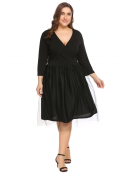 

Black Women Plus Size 3"4 Sleeve Surplice Mesh A-Line Skater Dress, Multicolor