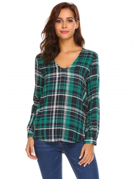 

Green Women Long Sleeve V-Neck Cotton Curved Hem Loose Plaid T-Shirts, Multicolor