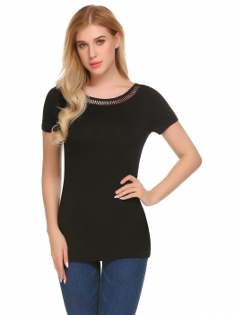 

Black Women Casual O-Neck Short Sleeve Patchwork Hollow Out Sexy T-shirt Tops, Multicolor
