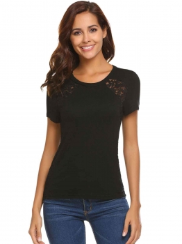 

Black Women O-Neck Short Sleeve Lace Patchwork Solid Basic T-shirt, Multicolor