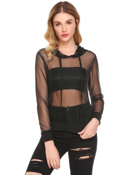 

Black Women Hooded Mesh See Through Sheer Cover Up Tops, Multicolor