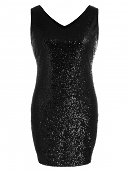 

Black Women Plus Size Sexy Deep V Neck Sleeveless Sequin Glitter Mini Bodycon Party Dress, Multicolor