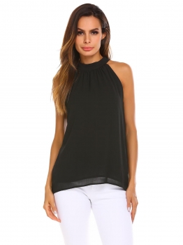 

Black Chiffon Sleeveless Ruffle Hem Halter Back Bow Tie Blouse Tank, Multicolor