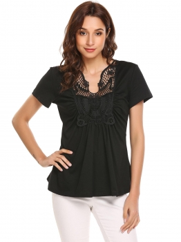 

Black Women Short Sleeve Lace Patchwork Front Ruched Top Blouse, Multicolor